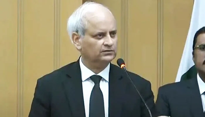 Lahore High Court (LHC) Chief Justice Malik Shehzad Ahmed Khan addressing the opening ceremony of judicial complex e-courts in Rawalpindi on June 14, 2024. — Screengrab via YouTube/Geo News Live