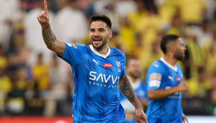 Serbian forward Aleksandar Mitrovic celebrates a goal for Al-Hilal last month. — AFP File