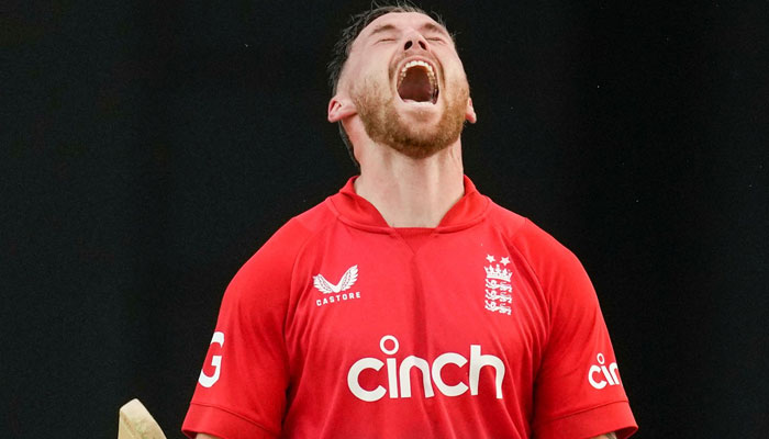 Englands Phil Salt celebrates reaching his second successive T20I century in a match against West Indies on June 19, 2024. — AFP