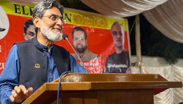 The leader of the opposition in the Karachi Metropolitan Corporation (KMC) City Council, Saifuddin Advocate of the Jamaat-e-Islami (JI) addresses an event on Feb 5, 2024. — Facebook/NA 238 SaifUddin Advocate