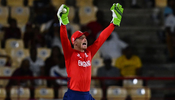 Englands captain and wicket-keeper Jos Buttler appeals to the umpire after taking a catch during the T20 World Cup 2024 Super Eight cricket match against West Indies at Daren Sammy National Cricket Stadium in Gros Islet, Saint Lucia, on June 19, 2024. — AFP