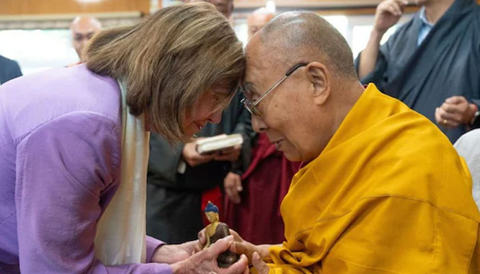 Nancy Pelosi, former US House speaker, meeting with the Dalai Lama, Dharamsala, India, on Wednesday.  — Reuters