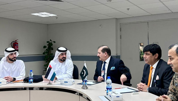 GCAA (General Civil Aviation Authority) of UAE and PCAA (Pakistan Civil Aviation Authority) officials exchange views during a meeting at the Islamabad International Airport on June 25, 2024. — APP