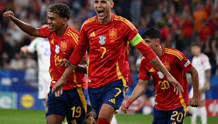 Alvaro Morata (C) celebrates during Spains win over Italy.— AFP/file