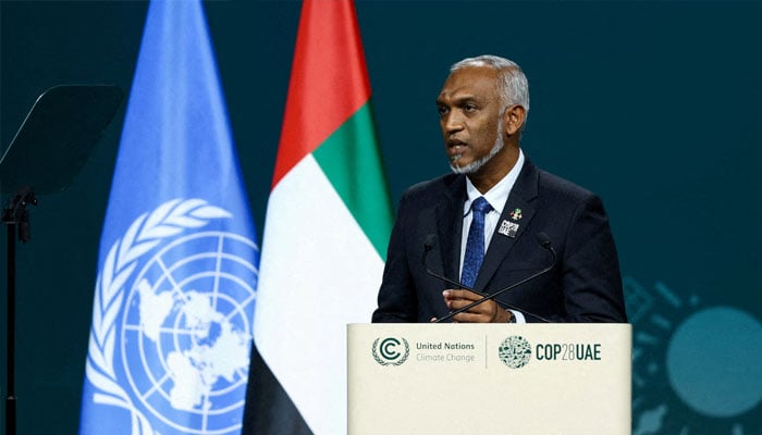 President of the Maldives Mohamed Muizzu delivers a national statement at the World Climate Action Summit during the United Nations Climate Change Conference (COP28) in Dubai, United Arab Emirates, Dec. 1, 2023. — Reuters