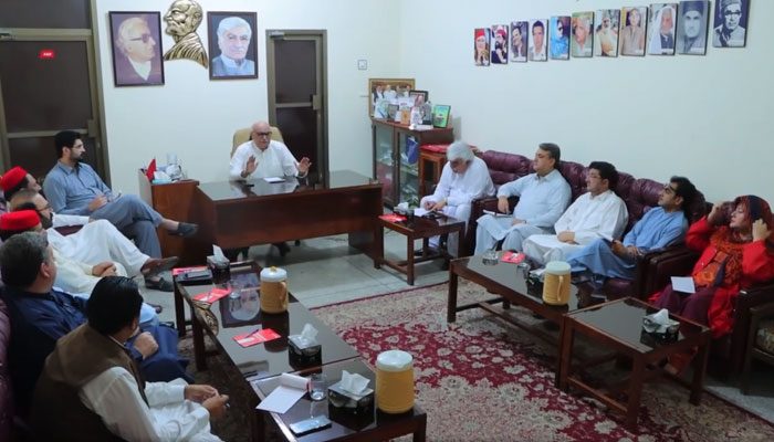 Awami National Party (ANP) Khyber Pakhtunkhwa chapter president Mian Iftikhar Hussain presides over partys meeting on June 28, 2024.  — Facebook/ANPMarkaz/Screenshot