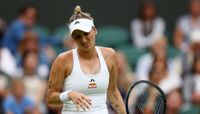 Czech Republics Marketa Vondrousova reacts during her first round match against Spains Jessica Bouzas Maneiro at All England Lawn Tennis and Croquet Club, London, Britain on July 2, 2024 .— Reuters