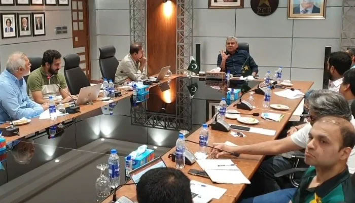PCB Chairman Mohsin Naqvi (centre) discussing domestic cricket in a meeting in Lahore, on June 24, 2024. — Screengrab/Reporter