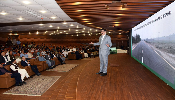 Sindh CM Syed Murad Ali Shah, under the banner of Vision Sindh, briefs the civil society about the development initiatives undertaken by the PPP government over the past 15 years at the Auditorium of the provincial assembly on July 4, 2024. — Facebook/Sindh Chief Minister House
