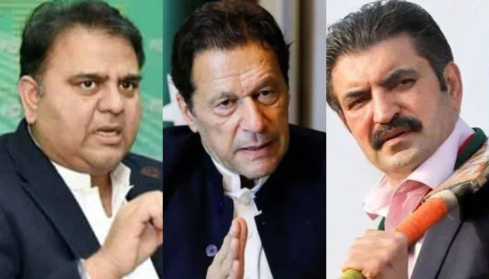 (From left to right) Former federal minister Fawad Chaudhry, PTI founder Imran Khan and PTI MNA Sher Afzal Marwat. — Facebook/Marwat Law Attorneys/APP/file