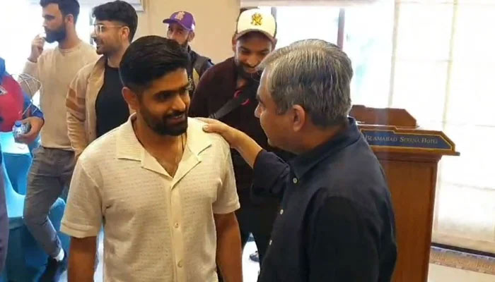 PCB Chairman Mohsin Naqvi (right) meets Pakistan team skipper Babar Azam in this undated image. — PCB/File