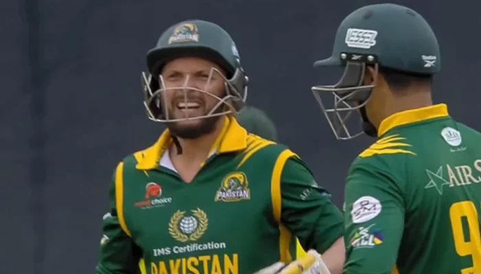 Shahid Afridi (left) reacts after hitting a six against South Africa in the Champions of Legends league. — WCL/file