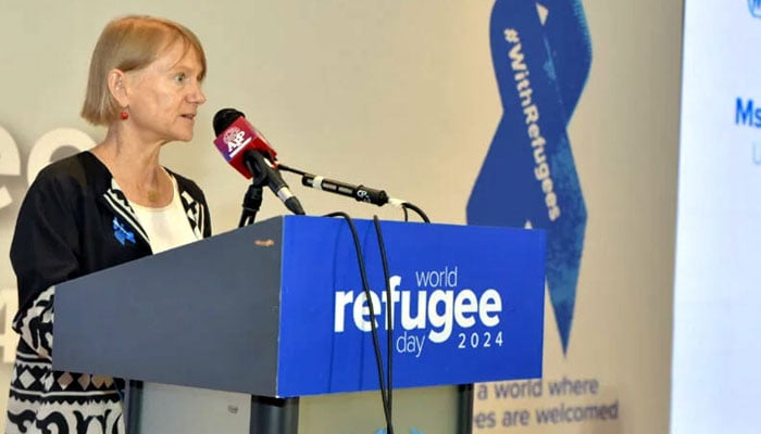 UNHCR’s Representative in Pakistan,  Philippa Candler addresses the World Refugee Day event. — State Media/File