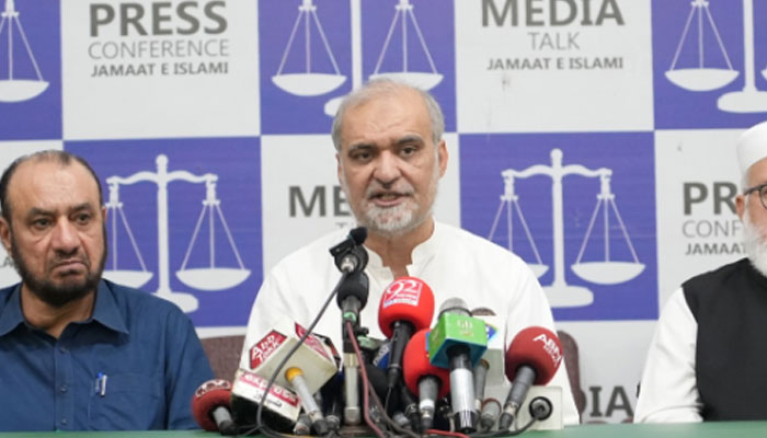 Jamaat-e-Islami Emir Hafiz Naeem ur Rehman speaks during a press conference at Mansoorah on July 11, 2024. — Facebook/Hafiz Naeem ur Rehman