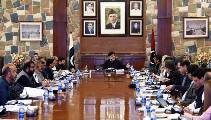 Sindh Chief Minister Syed Murad Ali Shah is presiding over a meeting held at the Chief Ministers House to end encroachment from public places on July 12, 2024. — NNI