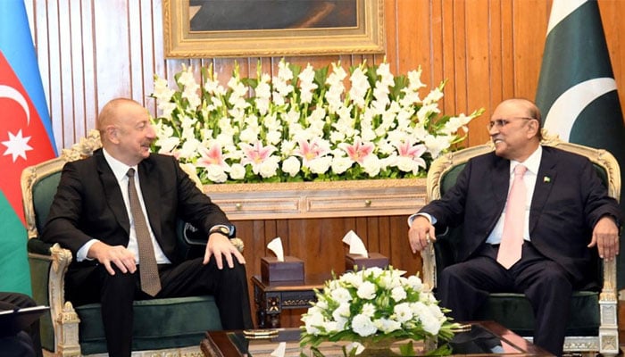President Asif Ali Zardari meets President Aliyev of Azerbaijan at Aiwan-e-saddar on July 12, 2024.— State media