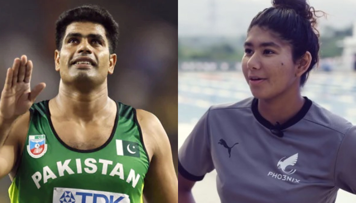 Pakistans javelin thrower Arshad Nadeem (left) and specialist swimmer Jehanara Nabi. — AFP/Instagram/jehanaranabi/File