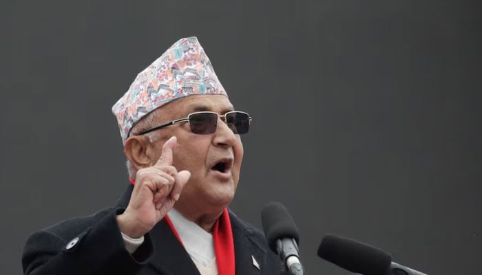 Nepals Prime Minister Khadga Prasad Sharma Oli, also known as KP Oli, delivers a speech during a mass gathering in his support, after the dissolution of parliament, in Kathmandu, Nepal February 5, 2021.— Reuters