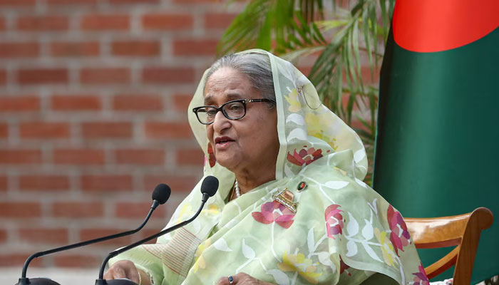 Bangladesh Prime Minister Sheikh Hasina speaks during a meeting with foreign observers and journalists at the Prime Ministers residence in Dhaka, Bangladesh, January 8, 2024. — Reuters