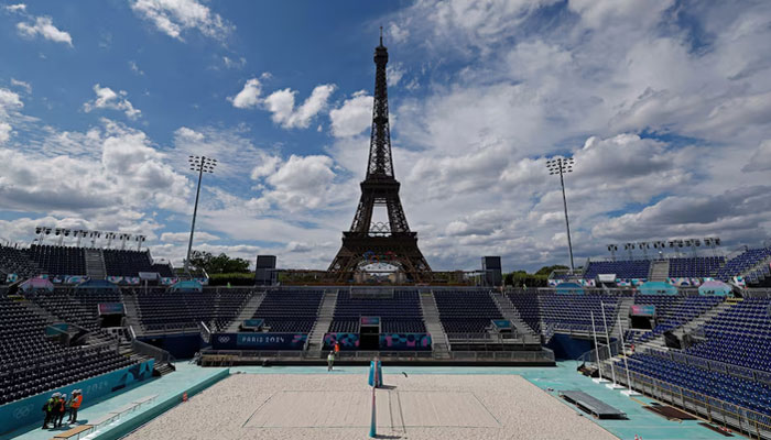 General view of the Eiffel Tower Stadium, the venue for beach volleyball at the Olympics on July 10, 2024.— Reuters