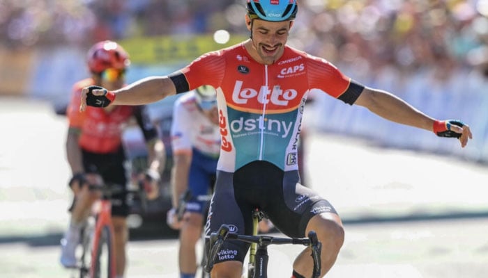 Victor Campenaerts seen celebrating after winning the stage 18 of Tour De France.— AFP/file