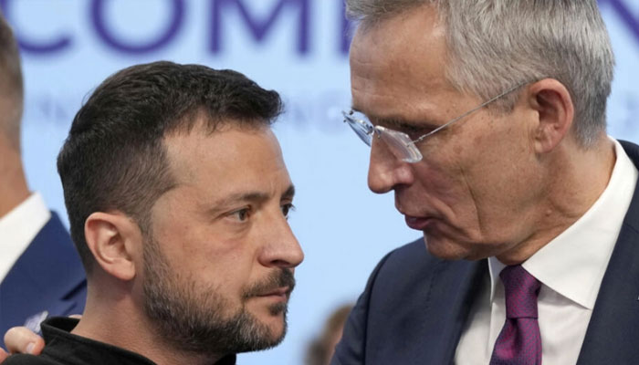 NATO Secretary General Jens Stoltenberg (R) reaffirmed the alliances backing for Volodymyr Zelenskys (L) Ukraine.— AFP/file