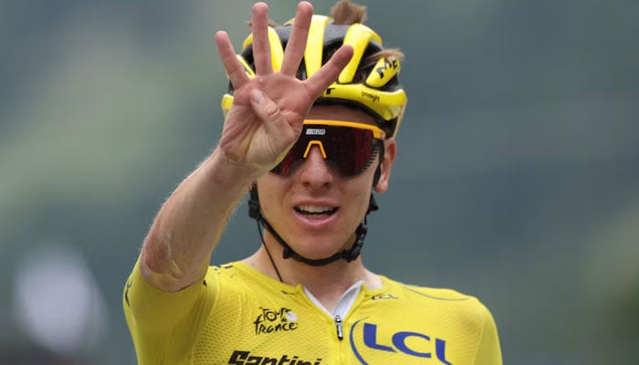 UAE Team Emirates Tadej Pogacar celebrates winning Tour de Frances stage 19  in Embrun, France on July 19, 2024. — Reuters