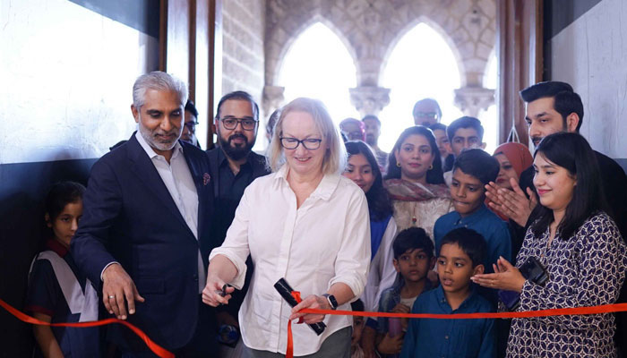 British Deputy High Commissioner and Director of Trade Pakistan, Sarah Mooney, cut a ribbon at the 10th Art for Change exhibition at Frere Hall, Karachi. — X/@BDHC_Sarah/file
