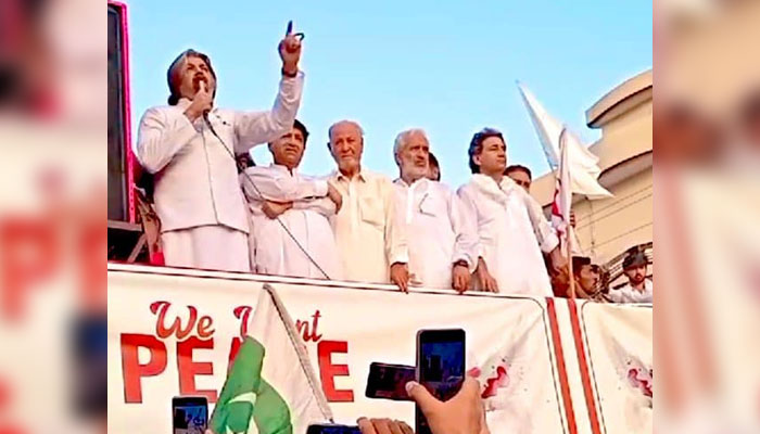 PTI leader Ali Mohammad Khan along with others addresses at a Peace rally in Mardan on July 21, 2024. — Facebook/Ali Muhammad Khan