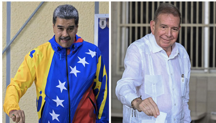 Cenezuelan Presidential candidate Nicolas Madruro (left) and another candidate Edmundo Gonzalez Urrutia casting (right) thier vote in Caracas during the Presidential election in Caracas on july 28, 2024. — AFP