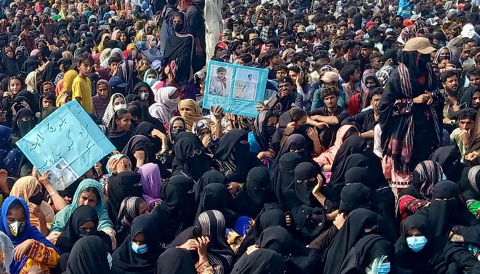 Baloch women are protesting outside the Balochistan Assembly regarding the kidnapped persons in Balochistan on 30 July, 2024 — AFP