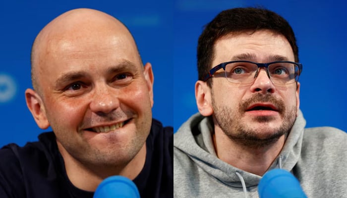 This combo of images shows the Russian dissidents Andrei Pivovarov (left) and  Ilya Yashin (right) attend a press conference after being freed in a multi-country prisoner swap in Bonn, Germany, August 2, 2024. — Reuters