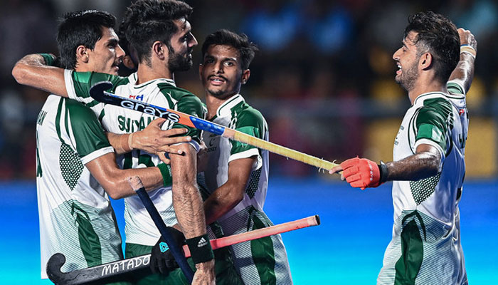 Pakistans players celebrate after scoring a goal during the Asian Champions Trophy 2023 hockey tournament match between Pakistan and China at the Mayor Radhakrishnan Hockey Stadium in Chennai on August 7, 2023. — AFP