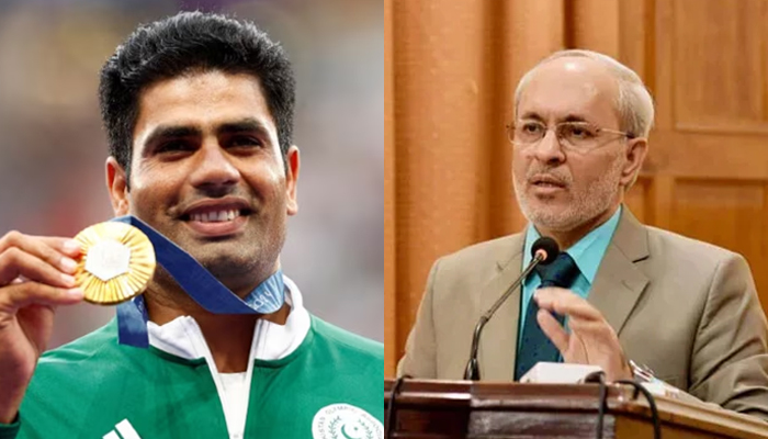 Punjab University Vice Chancellor Prof Dr Khalid Mahmood (right) and Pakistani gold medallist athlete Arshad Nadeem (left) seen in this image. — Facebook/@UniversityOfThePunjab.Official/Reuters/file