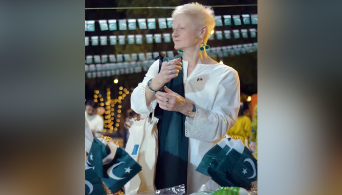 European Union Ambassador Dr Riina Kionka pictured alongside national flags in this image released on August 11, 2024. — Screengrab via Facebook/@EUinPakistan