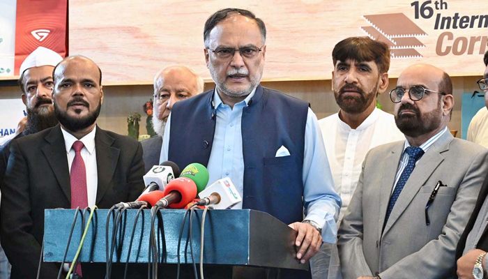 Federal Minister for planning and Development Ahsan Iqbal talking to the media after inaugurating Food Asia international Trade fair at Expo Center August 11, 2024. — APP