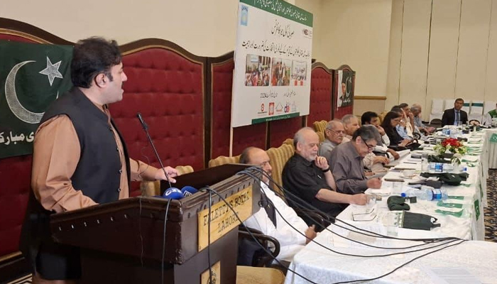 Local Government Minister Punjab Zeeshan Rafique is expressing his views to the participants in the round table conference on the subject of local democratic governments۔ image released on August 12, 2024. — Facebook/@Zeeshan.rafique7865
