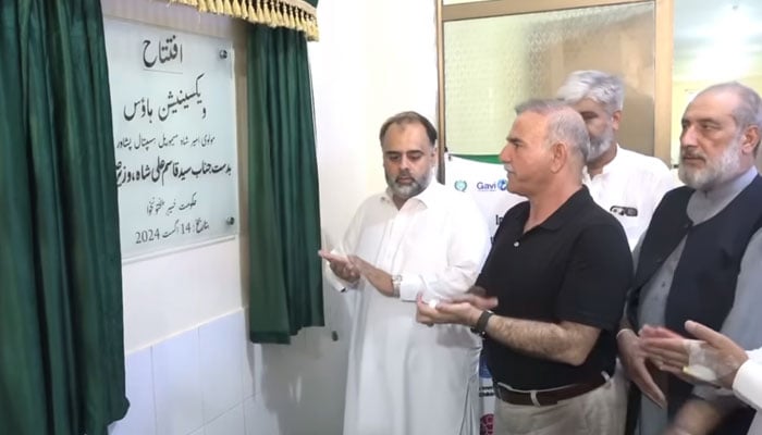 Health Minister Syed Qasim Ali Shah inaugurates the country’s first 24/7 Vaccination Centres at Maulvi Ameer Shah Memorial Hospital in Peshawar on August 15, 2024. — Screengrab via Facebook/Syed Qasim Ali Shah