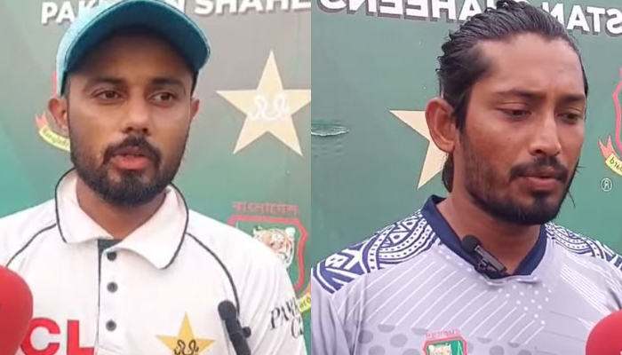 This combo of images shows, Shaheens’ captain Saud Shakil (left) and Bangladesh A captain Anamul Haque (right) talking to media persons on August 16, 2024. — Screengrab via Facebook/Pakistan Cricket Team