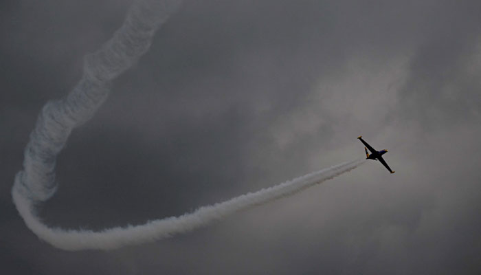 This photograph taken on June 19, 2023, shows a demonstration of the Fouga CM-170 Magister aircraft during the International Paris Air Show at the Paris Le Bourget Airport. — AFP