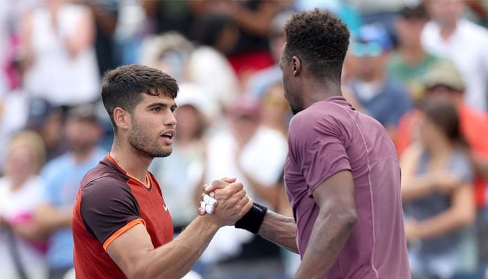 Carlos Alcaraz of Spain congratulates Gael Monfils of France after their match during Day 6 of the Cincinnati Open at the Lindner Family Tennis Center on August 16, 2024 in Mason, Ohio. — AFP