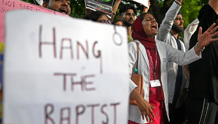 Protesting doctors chant slogans at a demonstration in India. — AFP/file