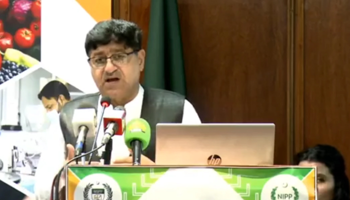 Khyber Pakhtunkhwa Minister for Food, Zahir Shah Toru Speaking at the second conference on food security on August 21, 2024. — Screengrab/Facebook/@Zahir Shah Toru