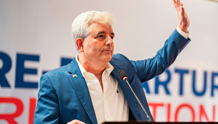 Departing US Consul General Conrad Tribble gestures while speaking at an event on August 5, 2024. — Facebook/U.S. Consulate General Karachi