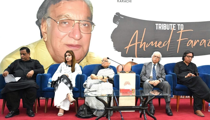 Poet Zehra Nigah (centre), Vice Chancellor Ziauddin University Dr Pirzada Qasim Raza Siddiqui (2nd from right), senior journalist Fazil Jamili, poet Ambreen Haseeb Ambar and Shakil khan seen in this image released on August 25, 2024. — Facebook/@ambareen.amber