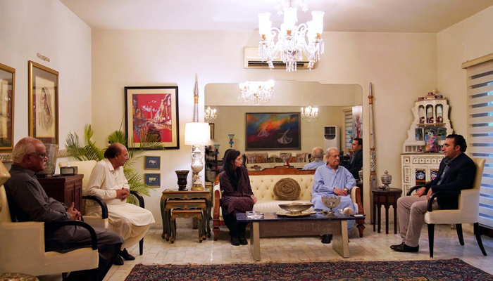 Peoples Party (PPP) Chairman Bilawal Bhutto Zardari (right) and Aseefa Bhutto Zardari (centre) offering condolence with former Senate chairman Mian Raza Rabbani over demise of his sister in Karachi on August 28, 2024. — PPI