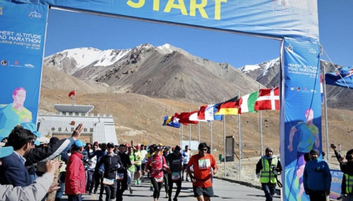 Pakistani athletes are seen running in the Karakoram Challenge high-altitude marathon. — Geo News website/File