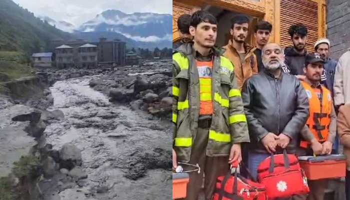 Destruction of arterial road in Kumrat Valley after heavy rains (left) and tourists standing with rescue officials in these stills taken from videos. — Geo News website/File