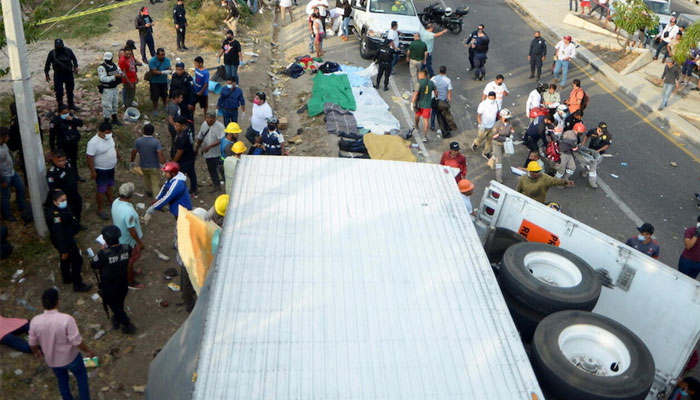 A large trailer seen overturned on a dangerous curve outside the city of Tuxtla Gutierrez. — Reuters/file