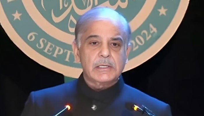 Prime Minister Shehbaz Sharif speaking at the central Defence and Martyrs Day event at GHQ in Rawalpindi on September 6, 2024. — Screengrab/State media/